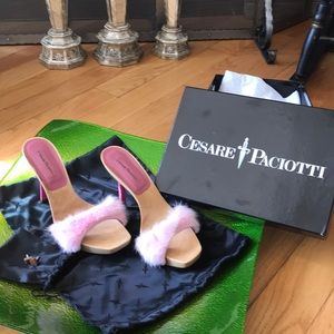 Cesare Paciotti pink fur mules
